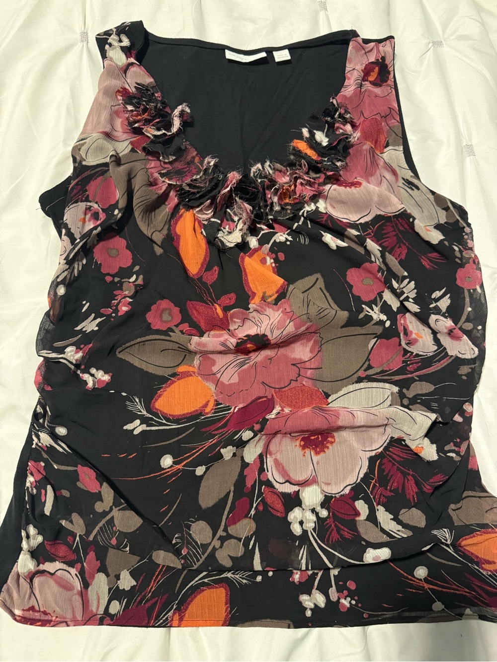 NY & Company-Floral Ruffled Neck Sleeveless Top-Black with Pink & Orange Blooms